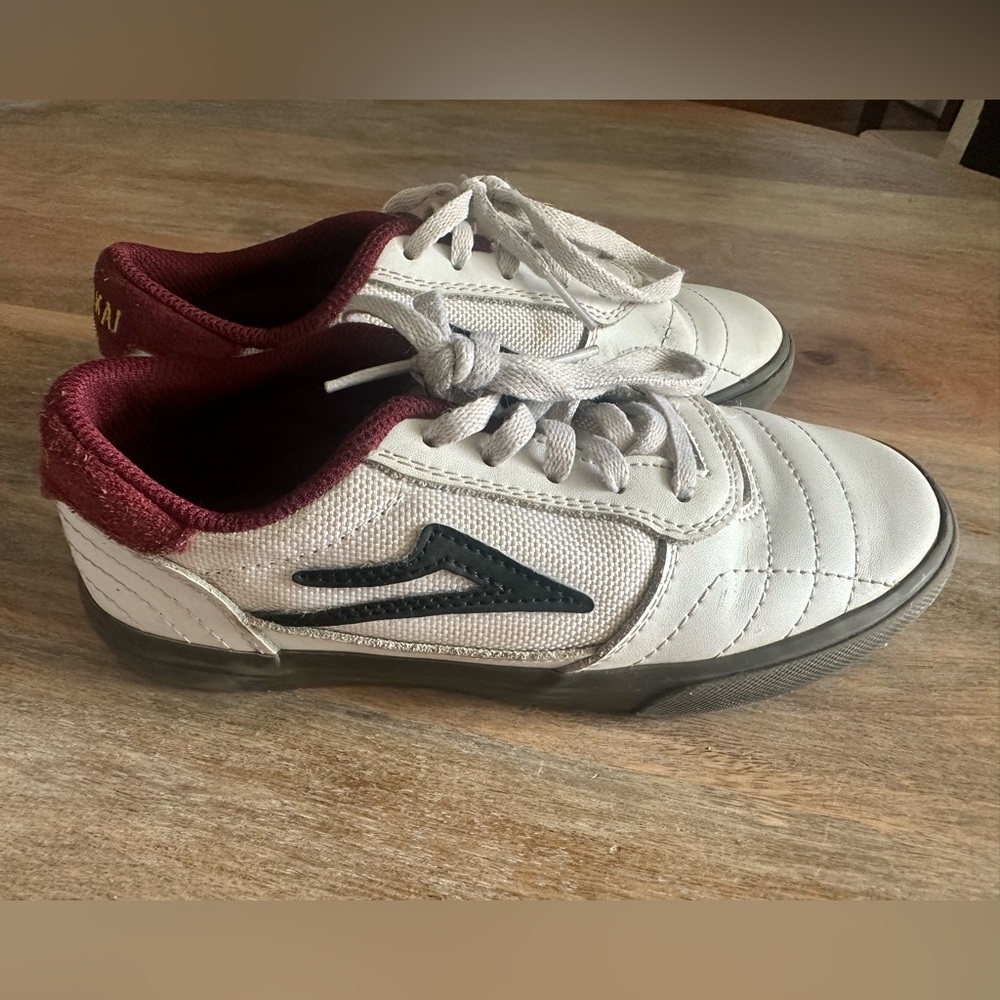 Lakai Kids Cambridge Skate Shoes White and Burgundy Sneakers with Black Accent